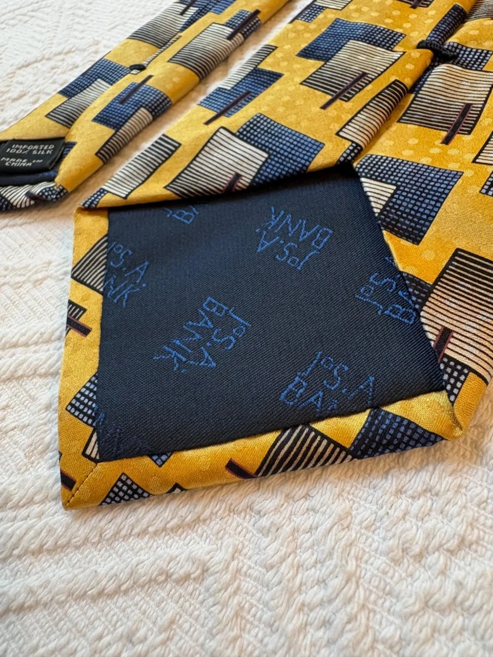 Jos. A. Bank 100% Silk Geometric Abstract Block Necktie - Yellow/Blue/Gray